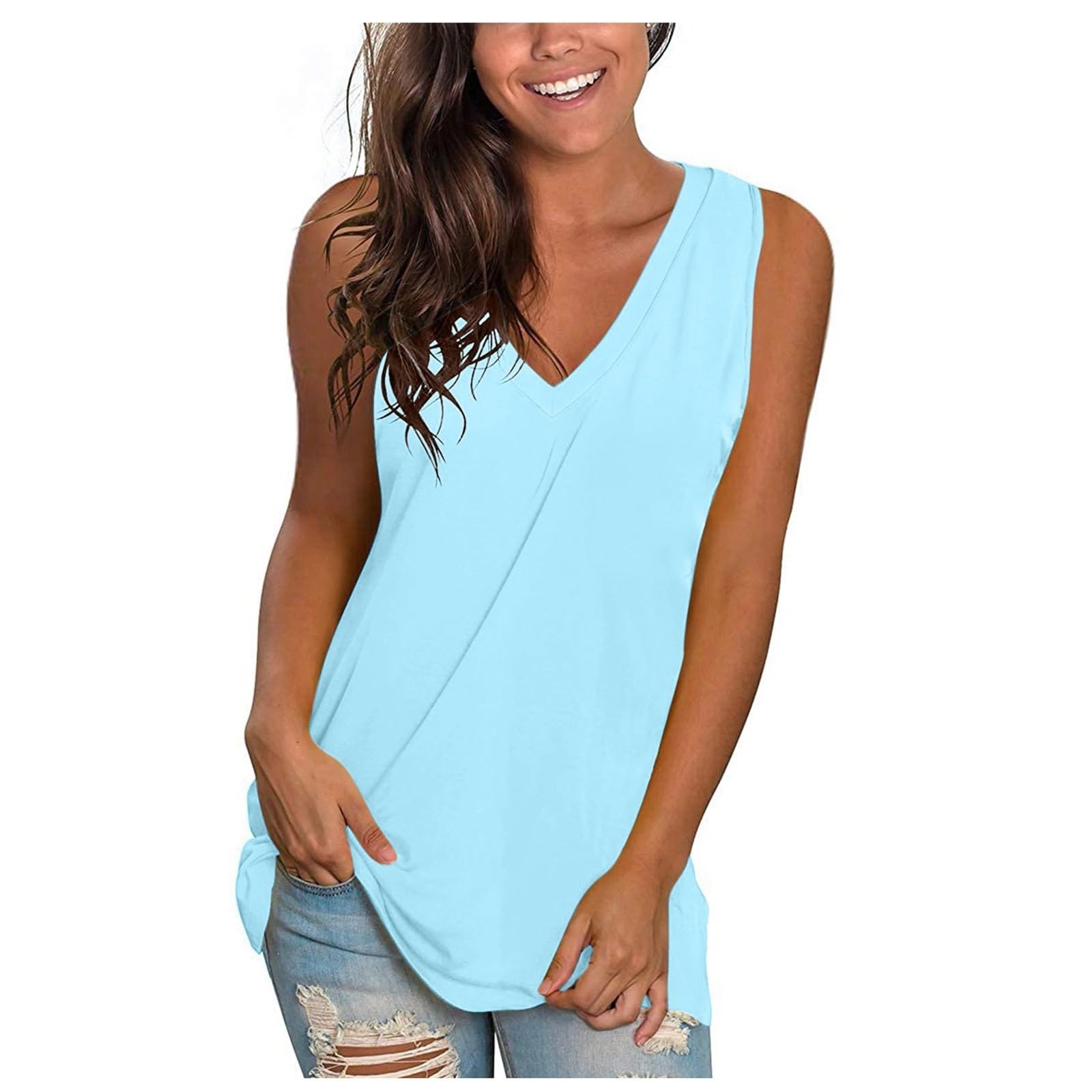 thumbnail image 2 of Camisa sin mangas con cuello en V para mujer para el verano: top informal oversize, poliéster/spandex, moda playera, tallas S-XXXXXL., 2 of 4